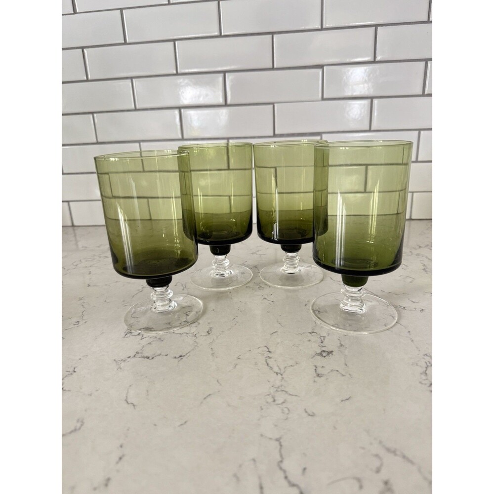 Sasaki Crystal Regency Olive Green Clear Base Goblets MCM Set Of 4